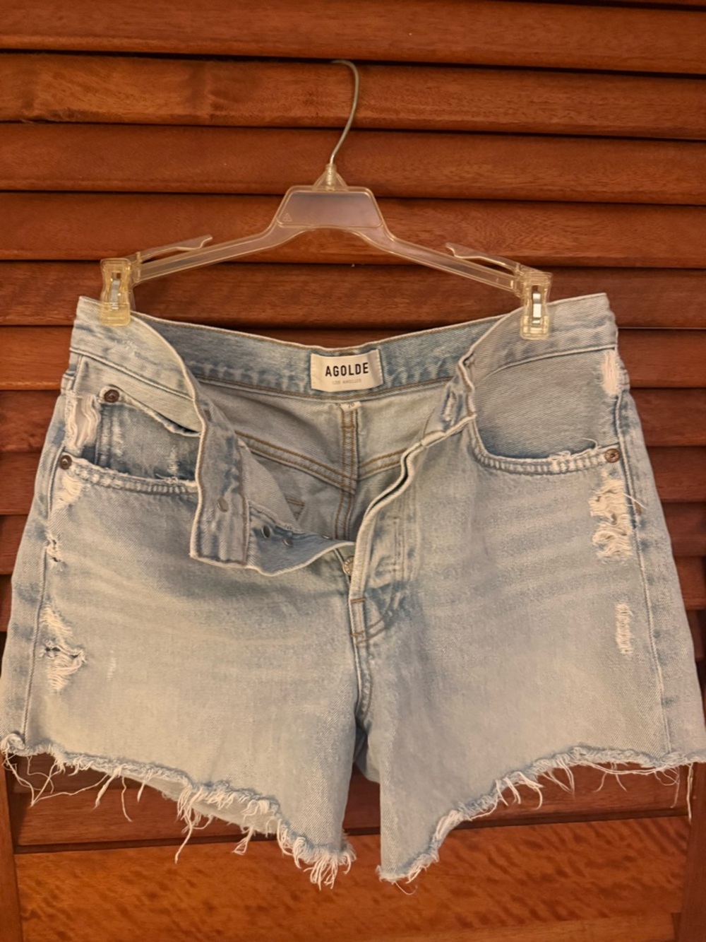 Agolde Light Blue Frayed High-Rise Denim Shorts